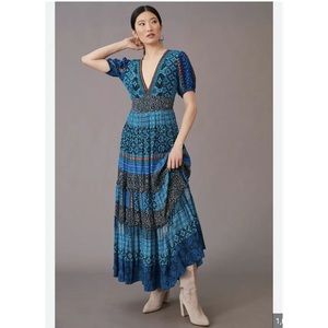 Anthropologie Blue Patterned Maxi Dress